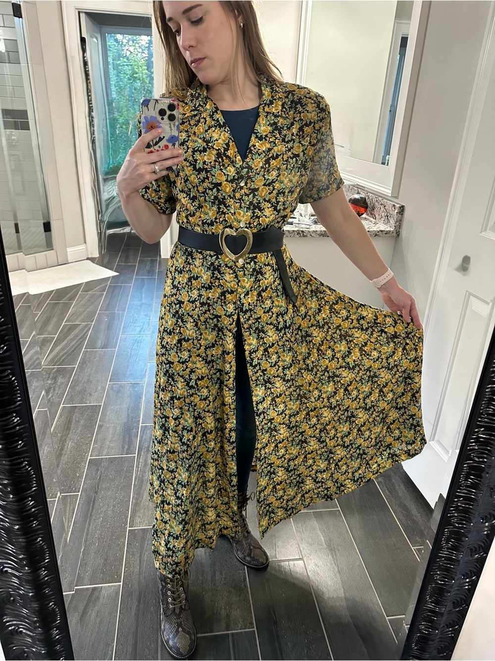 Vintage Anne Klein Yellow Floral Button-Front Midi Dress
